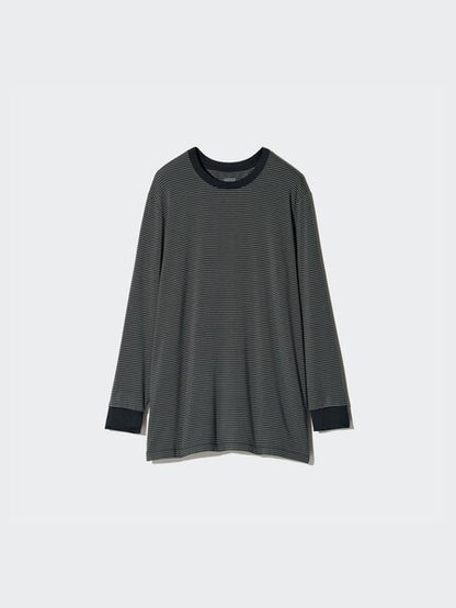 UNIQLO HEATTECH Crew Neck Long T-Shirt / Stripe (L)